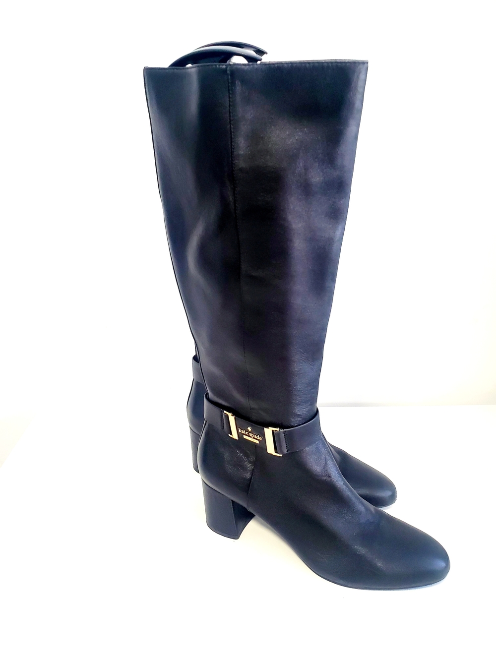 kate spade Black Knee-High Leather Boots with Gold Buckle Size 10M - Picture 1 of 9